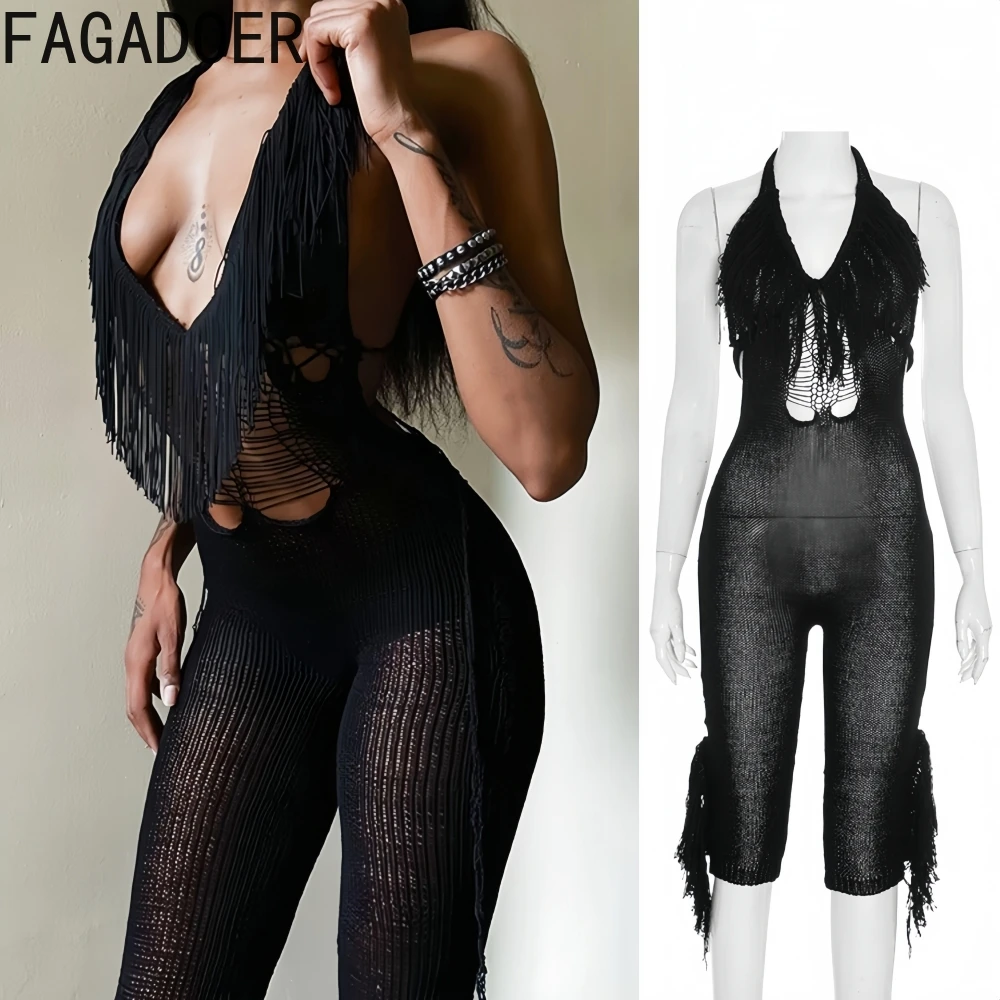 

FAGADOER Sexy Knitting Tassel Patchwork Bodycon Rompers Women Halter Hollow-out Backless Jumpsuits Female Streetwear Overalls