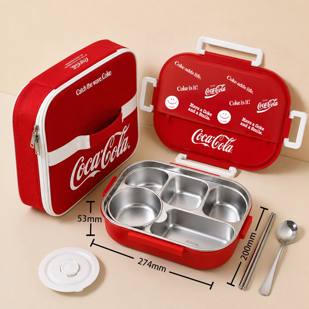 Coca Cola 1500ML 316L roestvrijstalen lunchbox, lekvrij, met soepkom en bestek, voor studenten, kantoormedewerkers en thuisgebruik, voor warme maaltijden.