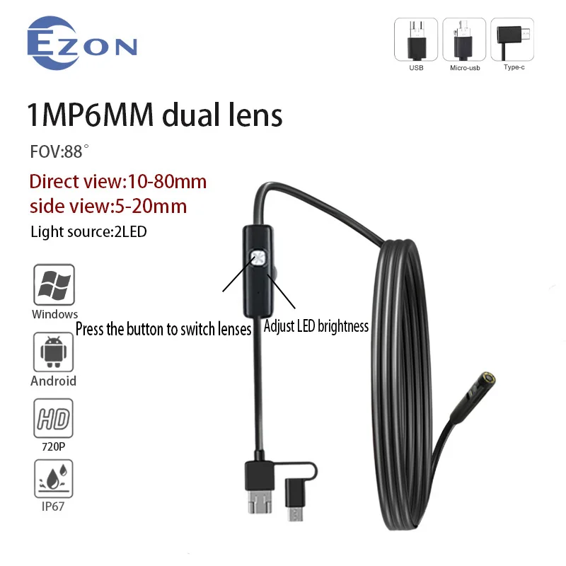 1MP 6mm FOV 88° Dual Lens Industrial Endoscope Camera for Pipeline Inspection 2m USB Type-C Android 3-in-1 Endoscope Camera