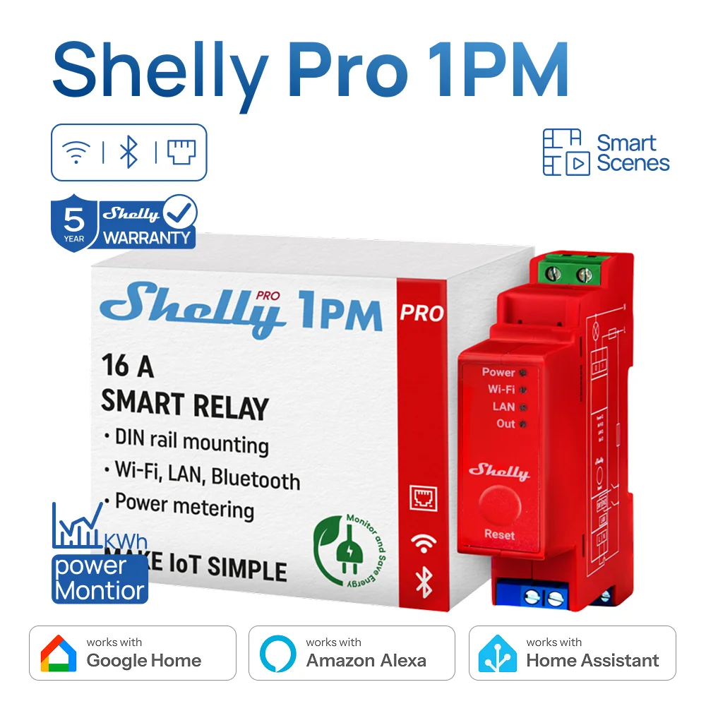 

Shelly Pro 1PM Wi-Fi Smart Energy Power Lan Измеритель мощности Измеритель электроэнергии Перенапряжение 16A Защита Улучшенная безопасность