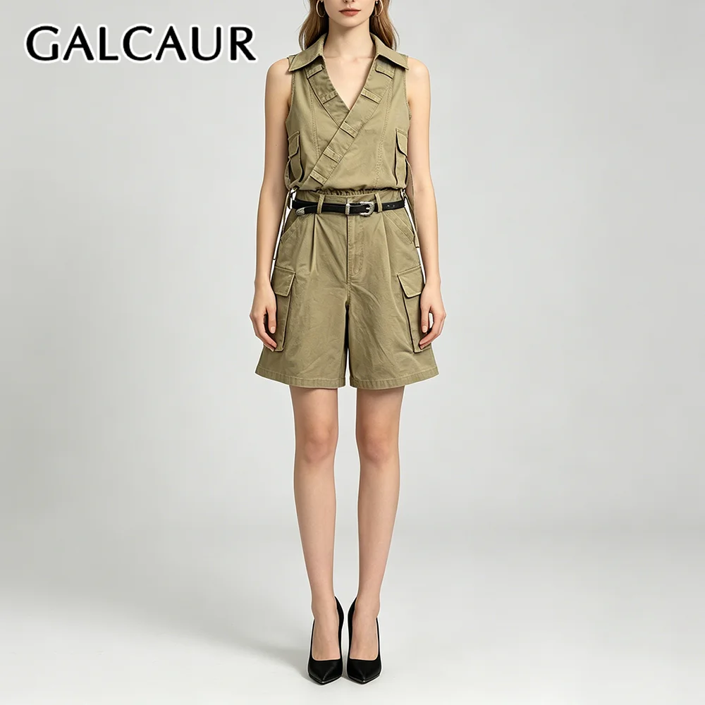 

GALCAUR Solid Slimming Spliced Pockets Two Piece Set for Women V Neck Sleeveless Patchwork Folds Shorts Sets Female Fashion New