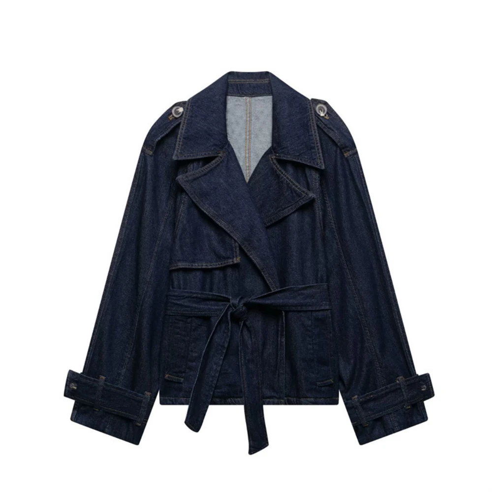 Fashion Short Wide Version Design Sense Women's Denim Windbreaker Temperament Versatile Lace Up Turn Down Collar Denim Jacket