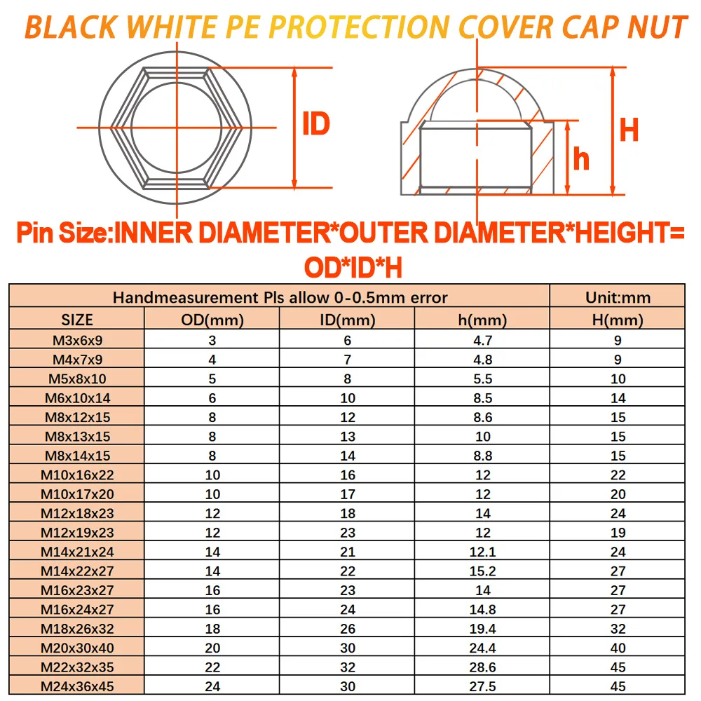 M4-M24 Socket Hex Caps Nuts PE Plastic Hexagon Protection Caps Cover Nuts White Black for Protect Car Wheel Exterior Decoration