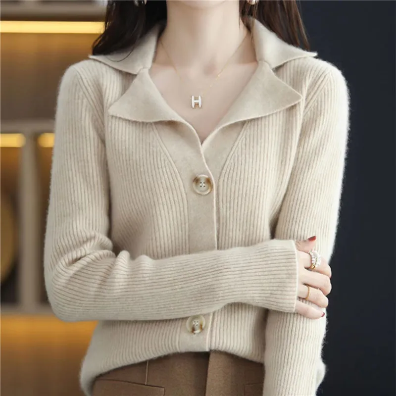 Knitted Wool Cardigan For Women Autumn Winter Buttons Knitwears New Slim Fitting Solid Color Long Sleeved Lapel Sweater Coat