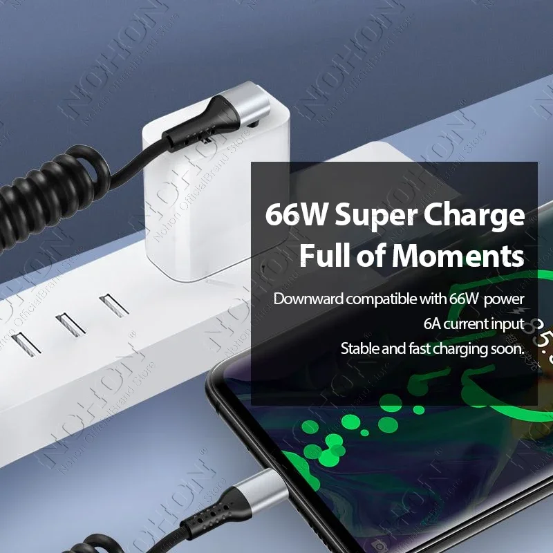 66W Spring 90 Degree USB Type C Cable 6A Fast Charge Type-C Cord for Samsung Xiaomi For Tesla in Car Charging Cable