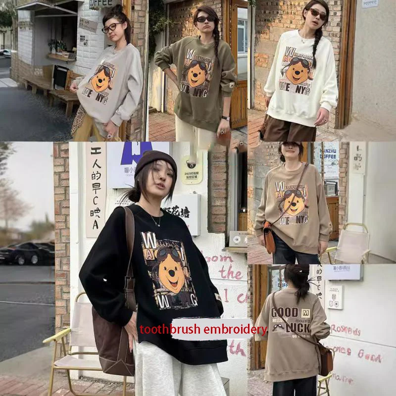 

Miniso Cute Pooh Bear Printed Sweatshirt Women 2024 New Cartoon Printed Loose Casual Round Neck Tops Couples Clothes for Gifts