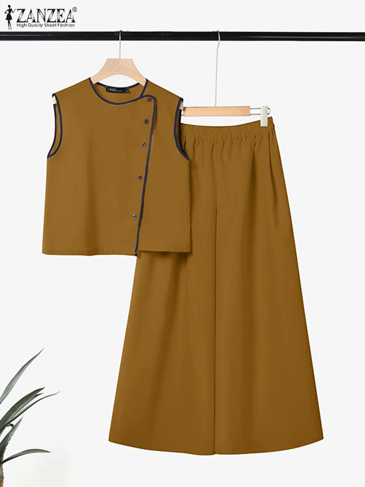 2025 ZANZEA conjuntos de pantalones de verano para mujer, conjuntos de dos piezas, blusa informal sin mangas, pantalones, traje elegante OL, chándal de trabajo, trajes de 2 uds