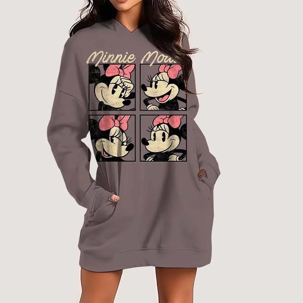 

Disney Mickey Mouse print Loose Long Hooded Women's Dress Knee-Length Korean Style Mid-Length Sweatshirt Maxi Dress Comfortable