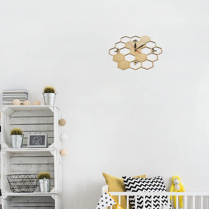 Jam Dinding Kayu ABQR Motif Sarang Lebah Heksagonal, Jam Dinding Alam Geometris untuk Dekorasi Dapur