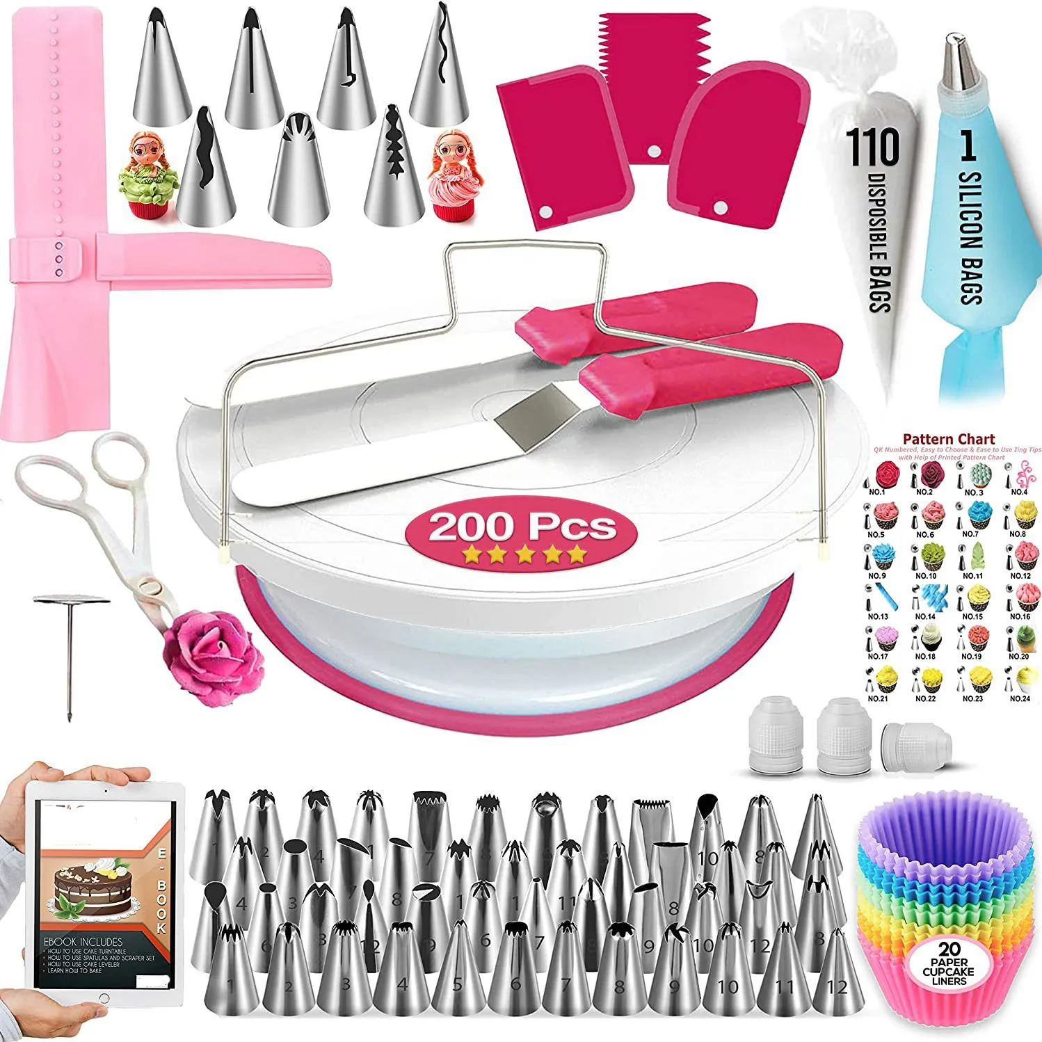 

200pcs Cake Decorating Tools Kit Rotating Cake Turntable Stand Set Spatula Piping Tips Set DIY Fondant Pastry Baking Tool