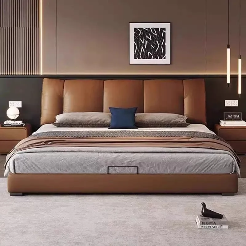 Modern Minimalism Genuine leather bed Master bedroom high-end and atmospheric Double Bed Soft Package Storage Wedding Bed