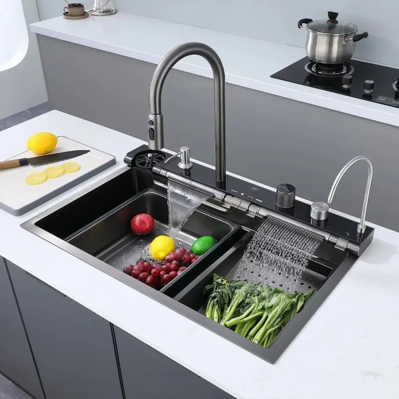 

Dolphin Waterfall 304 Stainless Steel Kitchen Sink Single Bowl Sink Kitchen Multifunction PVD Black Kitchen Sink