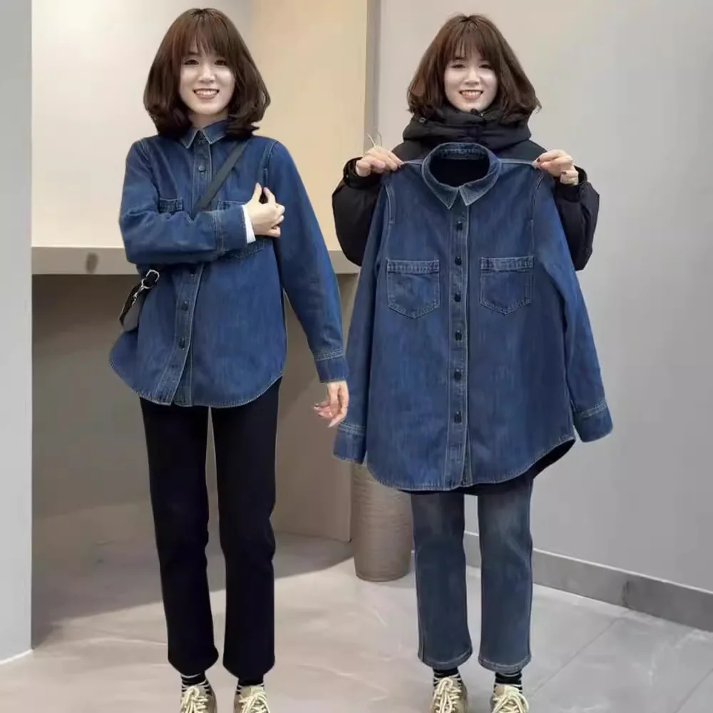 

Women Denim Shirt Top Thick Winter Washed Single Breasted Turn Down Collar Pockets Female Vintage Overshirt Streetwear 2025