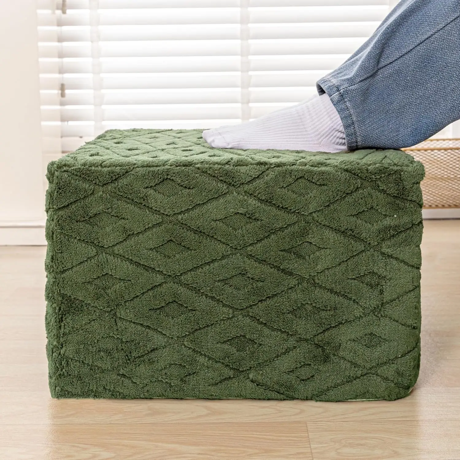 

Ultra-Plush Square Ottoman Pouf 20x20x14" Furry Foot Rest Stool for Living Room Bedroom (Green)