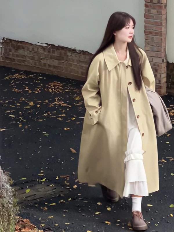 

Khaki Color Women's Long Coat Casual Thin Sle Spring Autumn Faion Small Size High-End Feeling Windbreaker Jaet