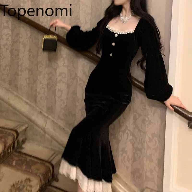 Topenomi Elegant Velvet Long Sleeve Party Dress Women Autumn Winter Retro Waist Slim Ruffled Mermaid Prom Evening Dresses Gown