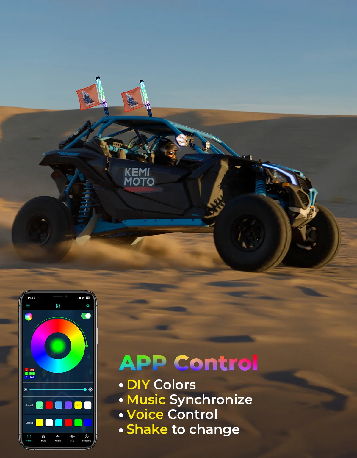 KEMIMOTO UTV ATV 팻 휩 라이트 방수 방향 지시등 블루투스 리모컨 보트 자동차 트럭 골프 카트용 캔암용