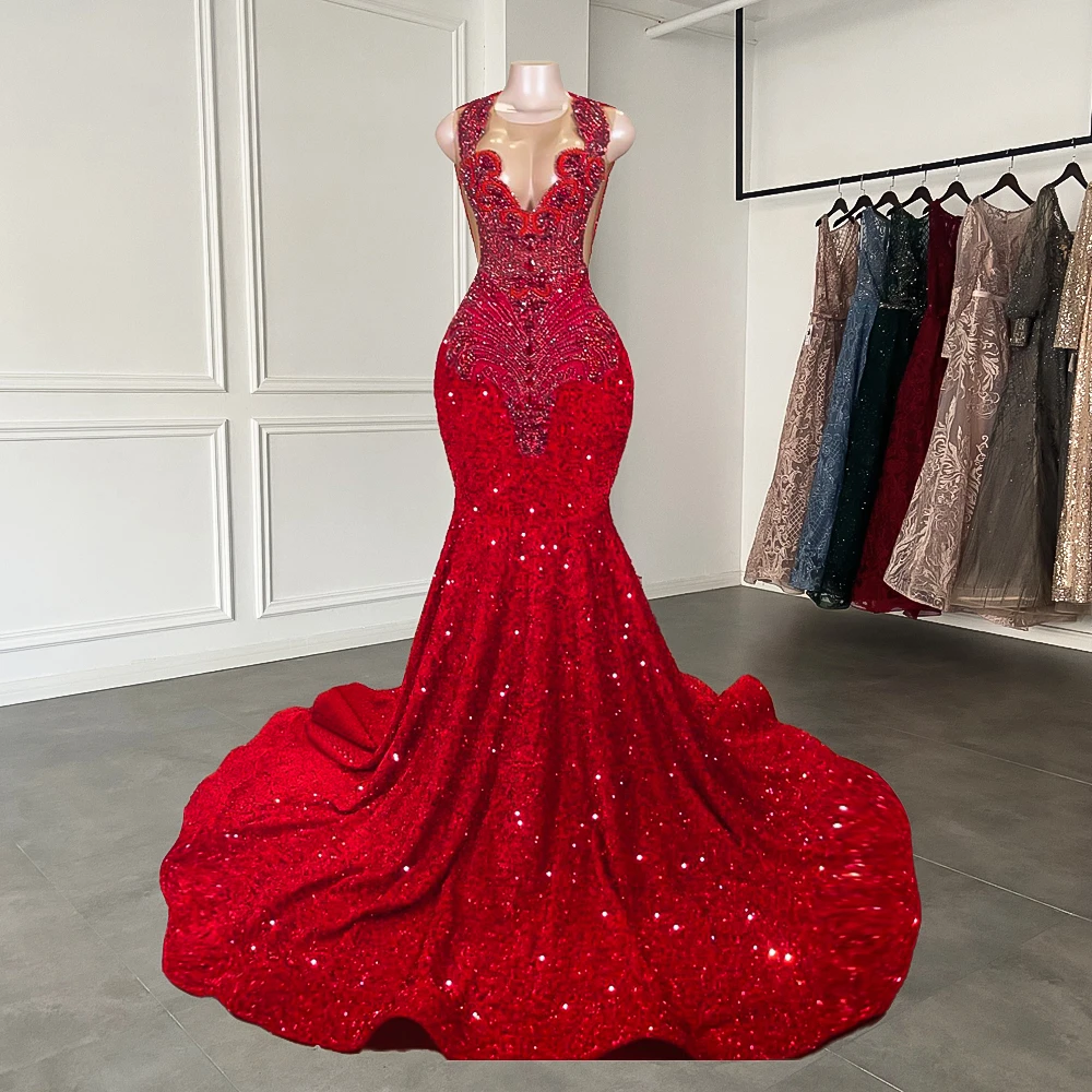 

Stuning Mermaid Style Mesh Luxury Beaded Sparkly Diamond Black Girl Red Velvet Sequin Long Prom Dresses 2023 Formal Gowns