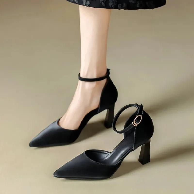 

Office Career Women Pumps Cover Heel PU 7CM Square High Heels Pointed Toe Buckle Strap Mature Pump High Quality Party Women Shoe
