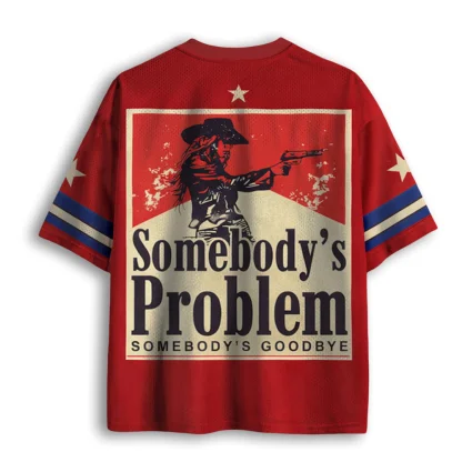 V Neck Mesh Jersey, Retro Cowgirl Gunner Portrait Letter Print Short Sleeve Loose Breathable Street Mesh Top