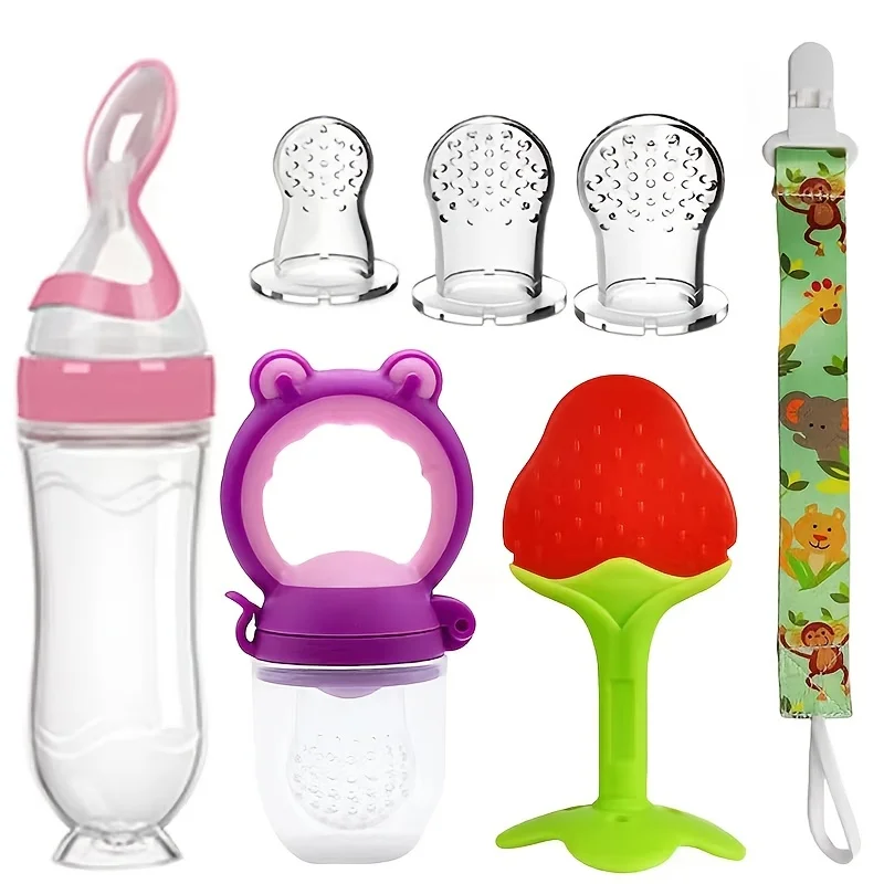 7pcs Pacifier Chain Feeding Set:Silicone Feeding Bottle with Spoon,Squeeze Food Feeder,Fruit Feeder,Strawberry,3-Size Nipple