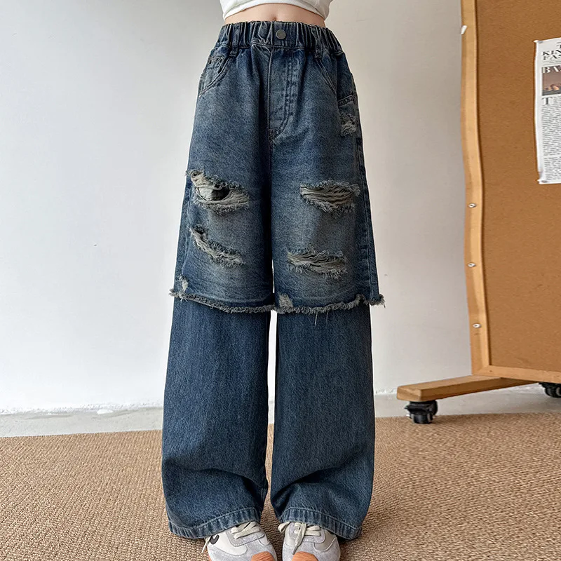 

Korean Autumn Junior Girls Denim Pant Fake Two-piece Ripped School Girl Straight Leg Pant Mid Waist Full Length Kid Girl Trouser