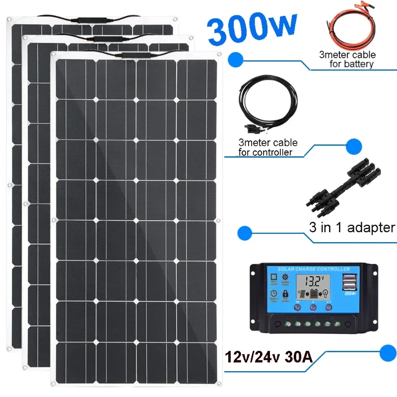 

300w 200w 100w Solar Panel Kit Flexible Solar Panels12v 24v High Efficiency 12v Solar Car RV Caravan Home Battery Charger Module