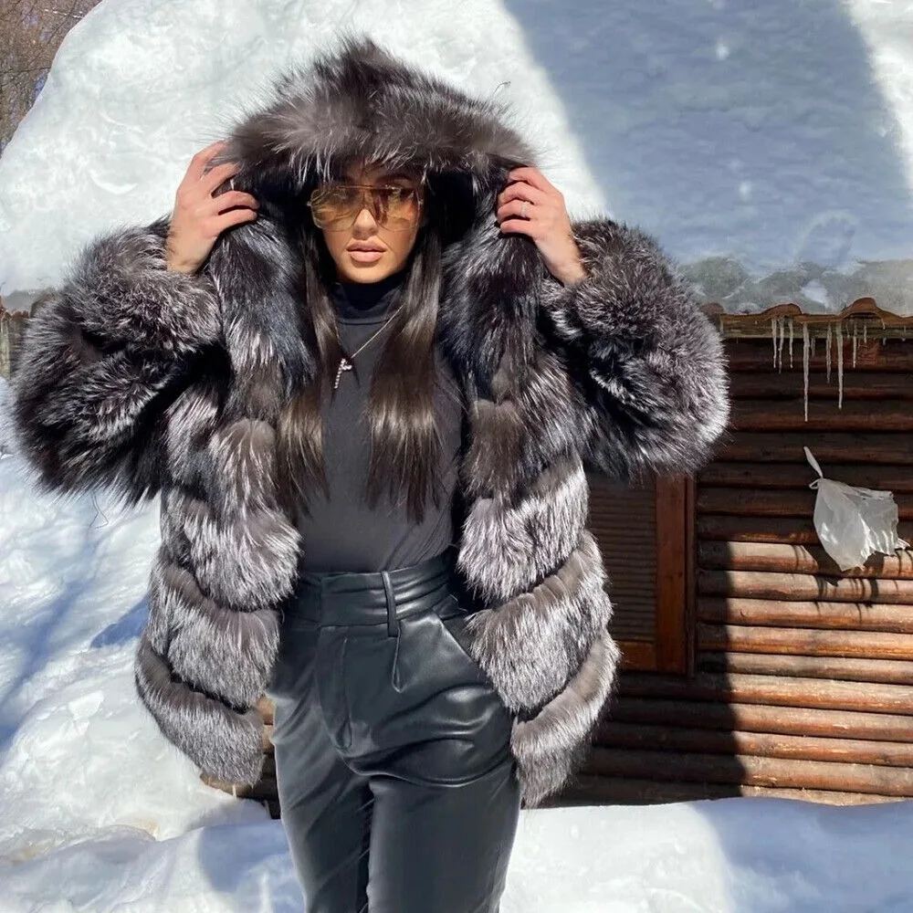 Luxury Women Full Pelt Real Silver Fox Fur Coats Jacket Fluffy Hooded Overcoat luxurious authentic genuine fur coats new