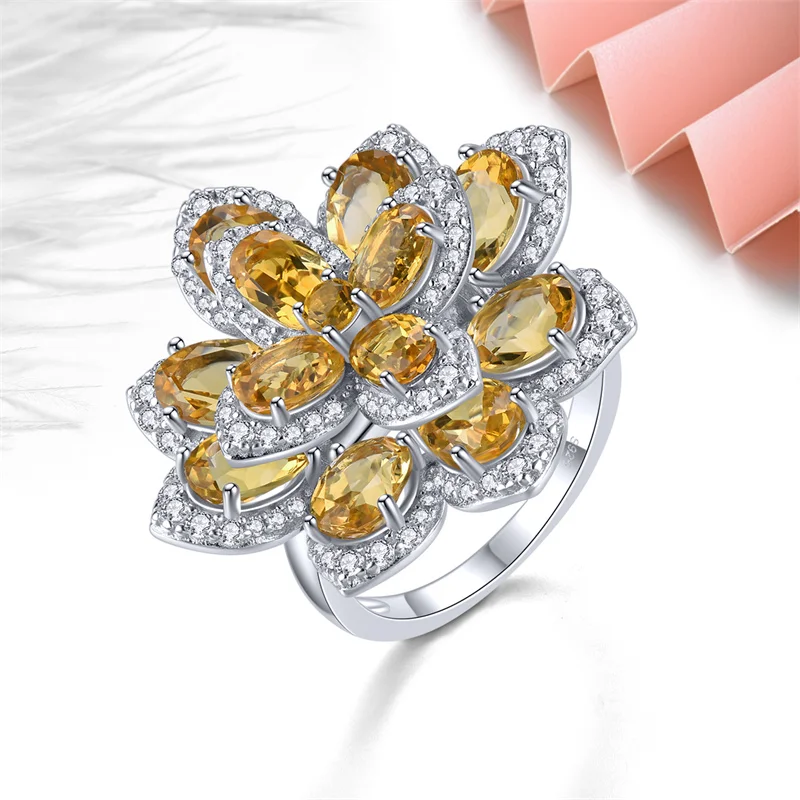 Real 7.8 Carats Solid Sterling Silver 925 Ring Original Natural Citrine Ring Flower Ring 925 Silver Engagement Ring