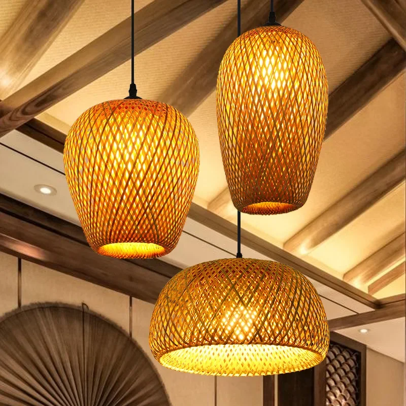 

2025 Newest Bamboo Pendant Lamps Ceiling Lights Rattan Wicker Lustre Hand Knit Braiding Suspended Home Dining Braided Decor Hot