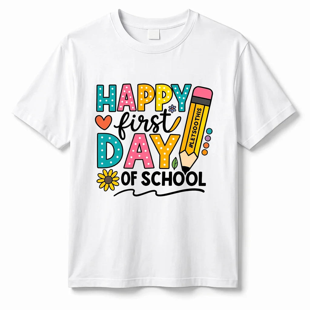 Women Happy First Day of School T Shirt 100% Cotton Teacher Graphic Tee Colorful Pencil Back to School Short Sleeve Shirt