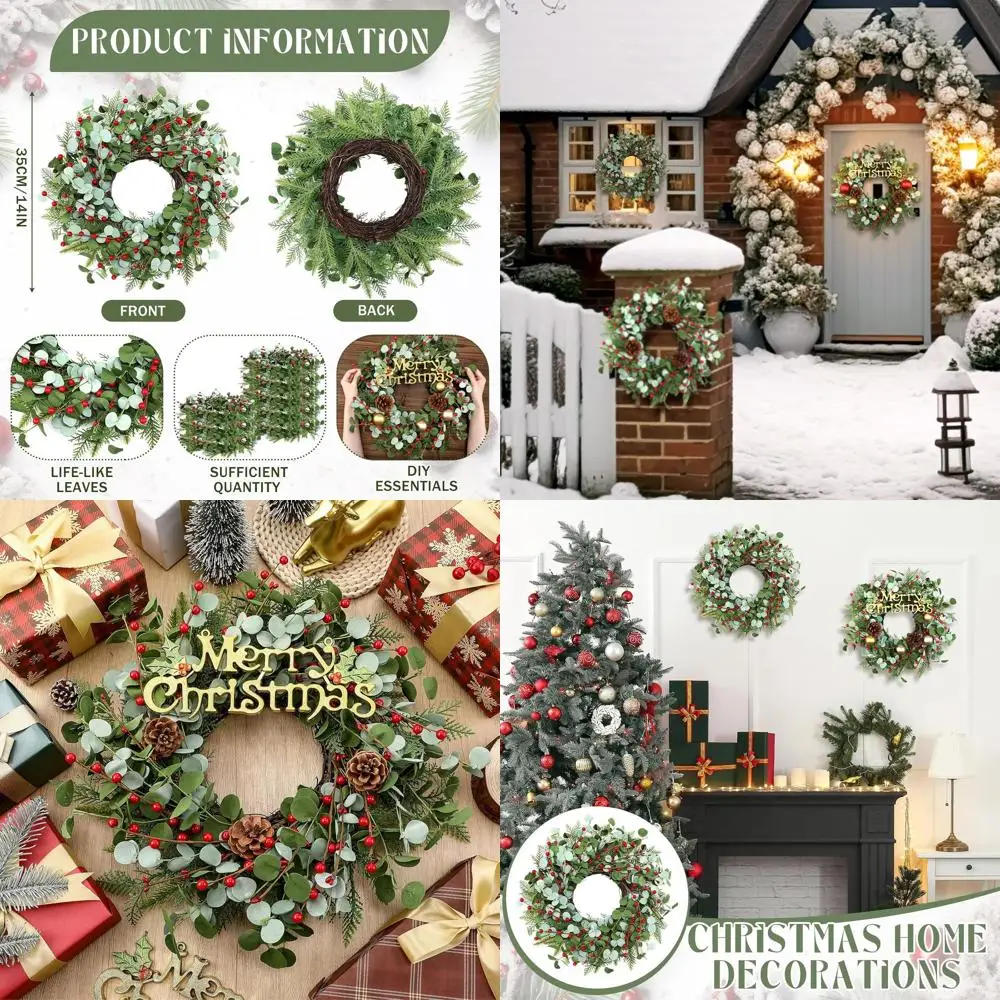 

14 Inch Green Artificial Christmas Wreaths for DIY Home Decor - Perfect for Door, Window, Indoor & Outdoor Xmas Festivities