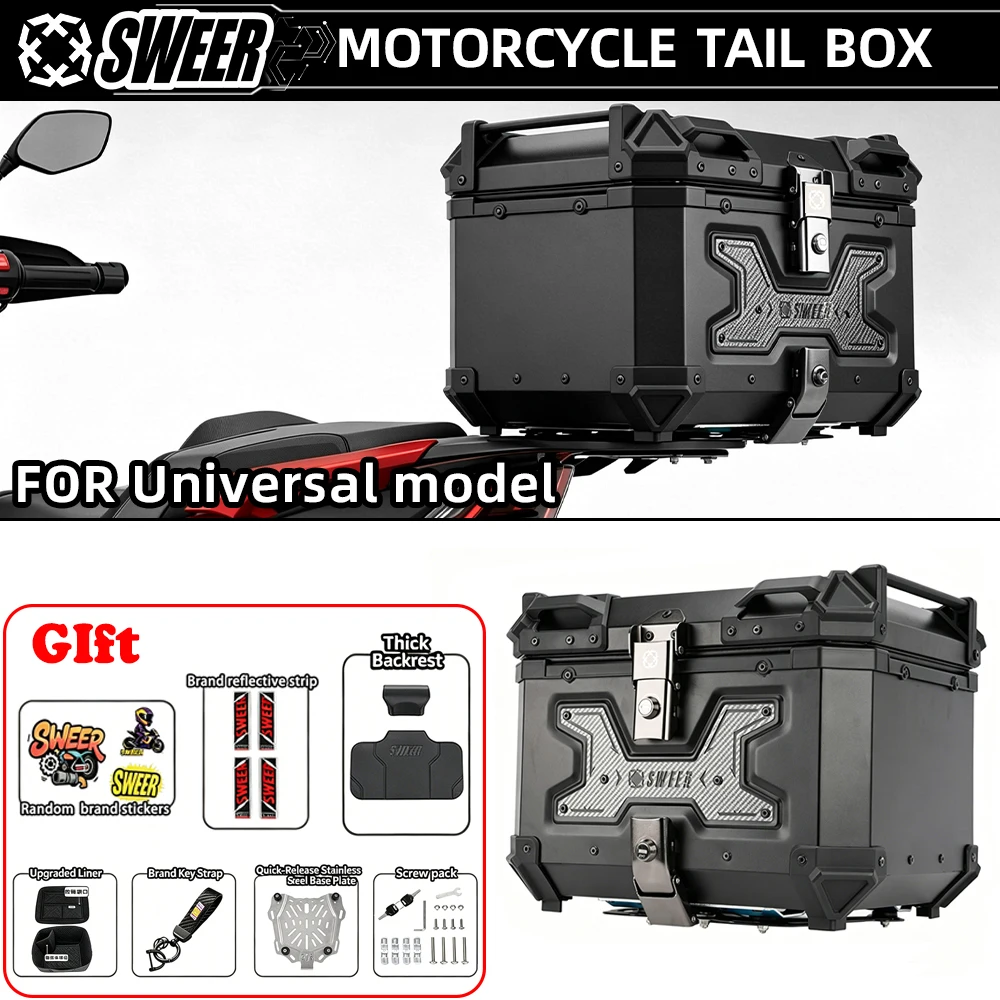 45L Universal Motorcycle  Trunk With Stainless Steel Base Plate Travel Storage Box For Scooter Free Stickers Gift