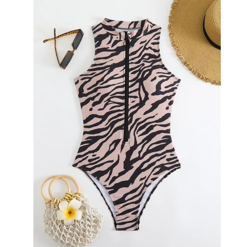 Zebra Print One Piece Swimsuit Woman High Neck Bodysuit Zipper Swimwear Beach Wear Leopard 2024 Bathing Suits Holiday Summer