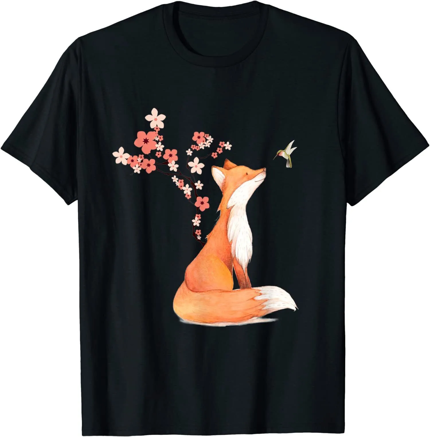 The Fox And Hummingbird Cute Cherry Blossom Flower Unisex T-Shirt