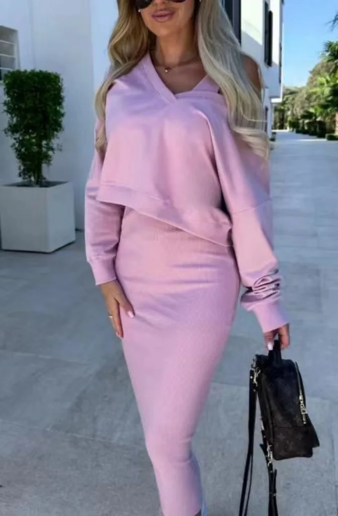 

Spring and Autumn Women's 2-piece V-neck Long Sleeve Short Sweater Off-shoulder Solid Color Street Casual Fashion Vest Skirt Set