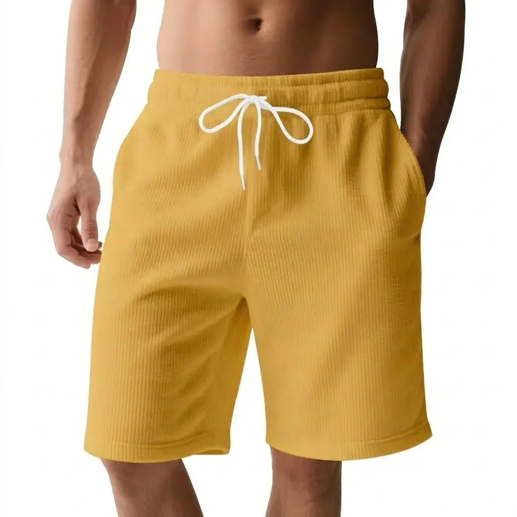 New trendy and breathable men's ribbed texture short pants with lightweight lace-up waistband, casual street style, casual sport