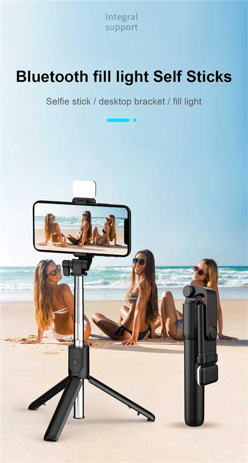 Wireless Selfie Stick Retractable Multifunctional Mini Tripod Holder With LED Fill Light Bluetooth Remote Shutter For Shoot Vlog