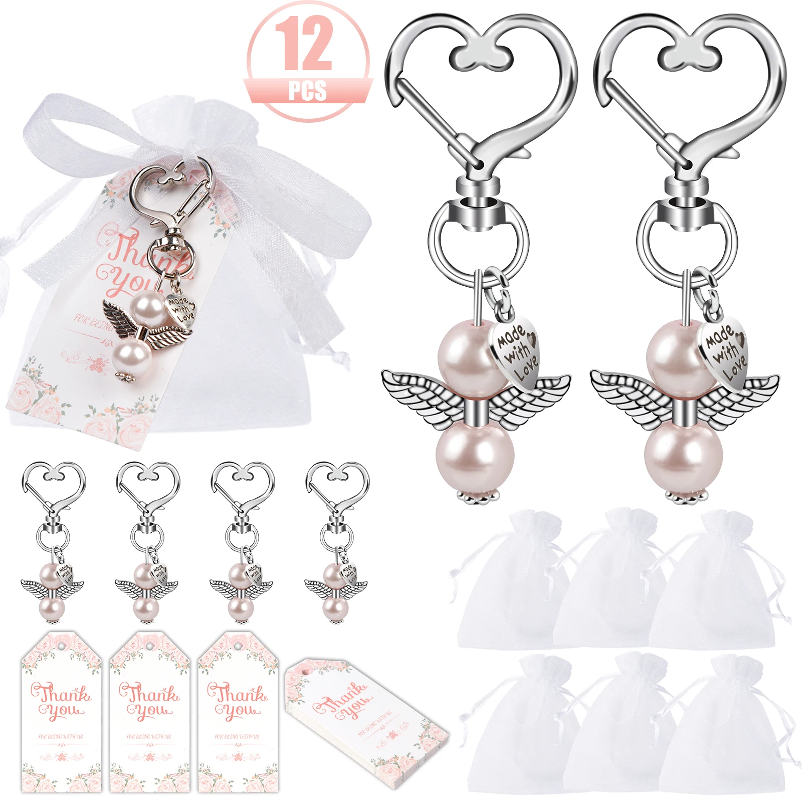 12Pcs Angel Keychain Baby Shower Favors for Girls Favors Thank You Cards and Baptism bags Return Gifts for Kids Birthday Supply