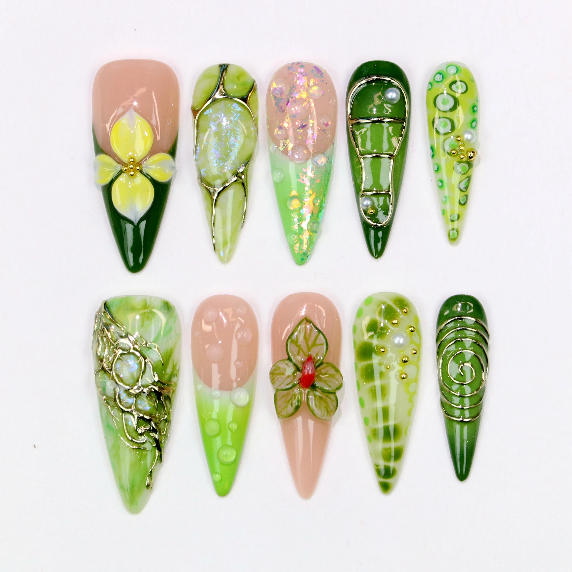 10Pcs 3D Handmade Custom Long Stiletto Press on Nails Glossy Custom Handpainted Green Flower Nails Suitable for Wedding Events