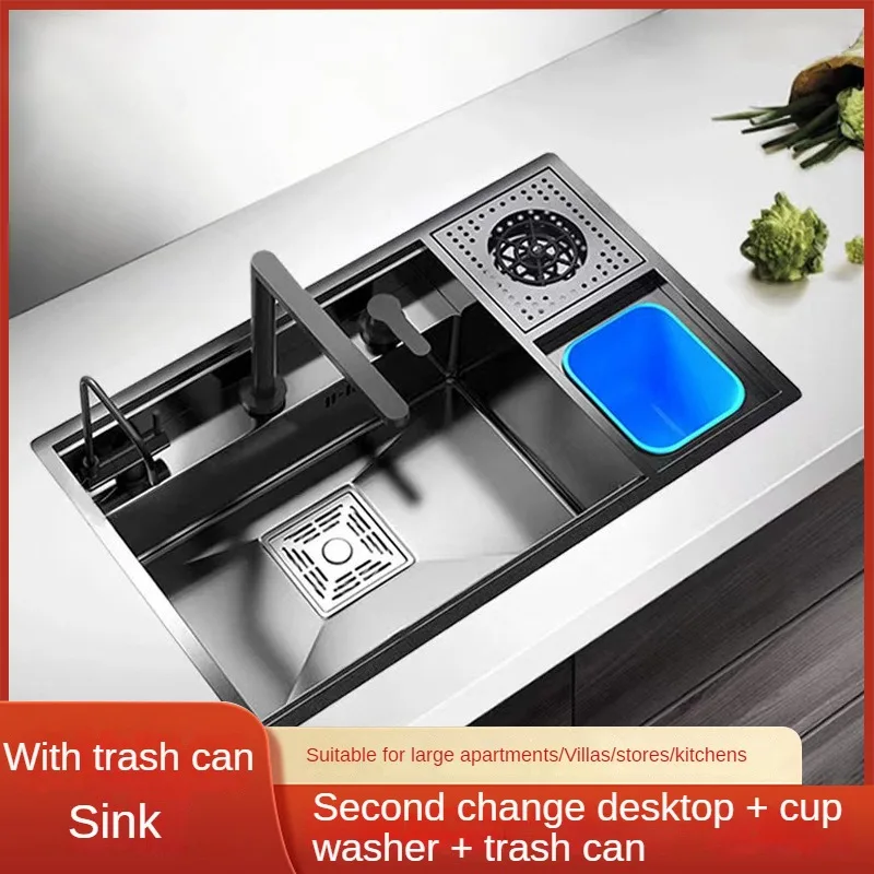 

Stainless Steel Invisible Kitchen Sink With Cover Plate Cup Washer Vegetable Washing Basin With Trash Can Nano Large Single Slot