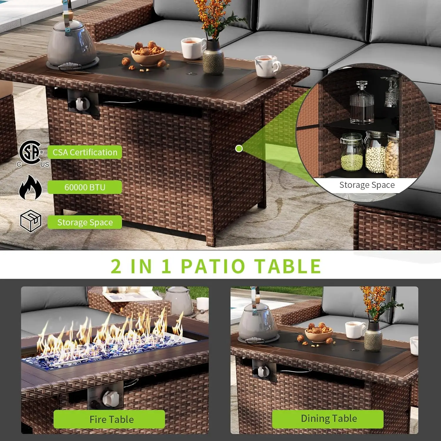 Wicker Rattan Patio Furniture Set, Sofá secional ao ar livre, Combinação com 44 "Fire Pit, Almofadas engroçadas, 7 Pcs