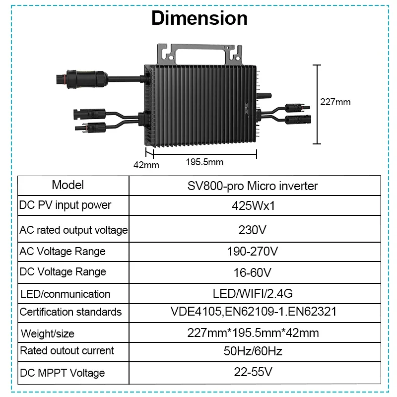 Sukflow MPPT Micro Inverter 800W Solar Grid Tie IP67 Pure Sine Wave Power Inverters with WIFI for Home Garden Outdoor Use