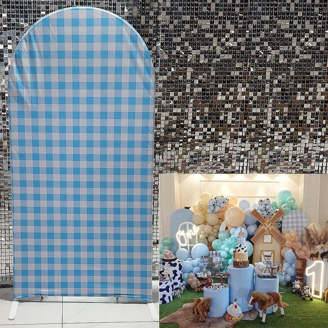 

Blue and White Checkered Arched Backdrop Covers Stretchy Arch Stand Cover for Birthday Baby Shower Party Decoration GX-209