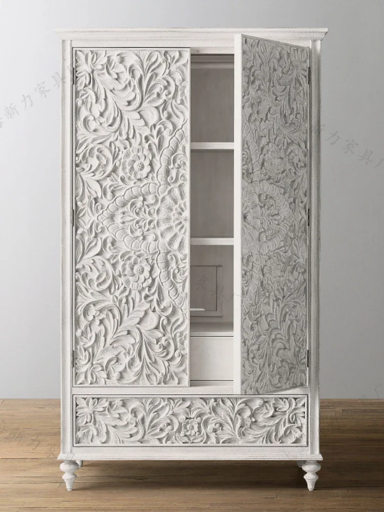 White Vintage Vintage Thai Style Wood Carving Double-Door Closet Southeast Asian Style Begonia Wardrobe Customization