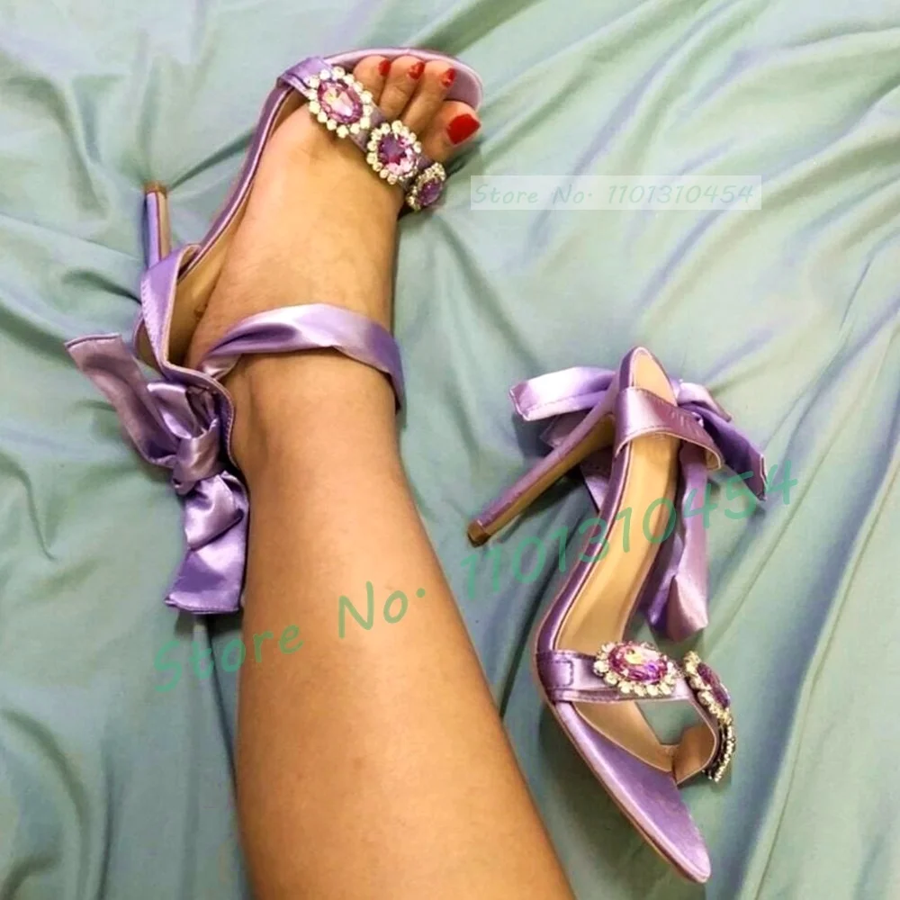 Light Purple Ribbon Sandals Women Elegant Gem-encrusted High Heels Shoes Female Luxury Open Toe Silk Lace-up Sparkly Party Shoes