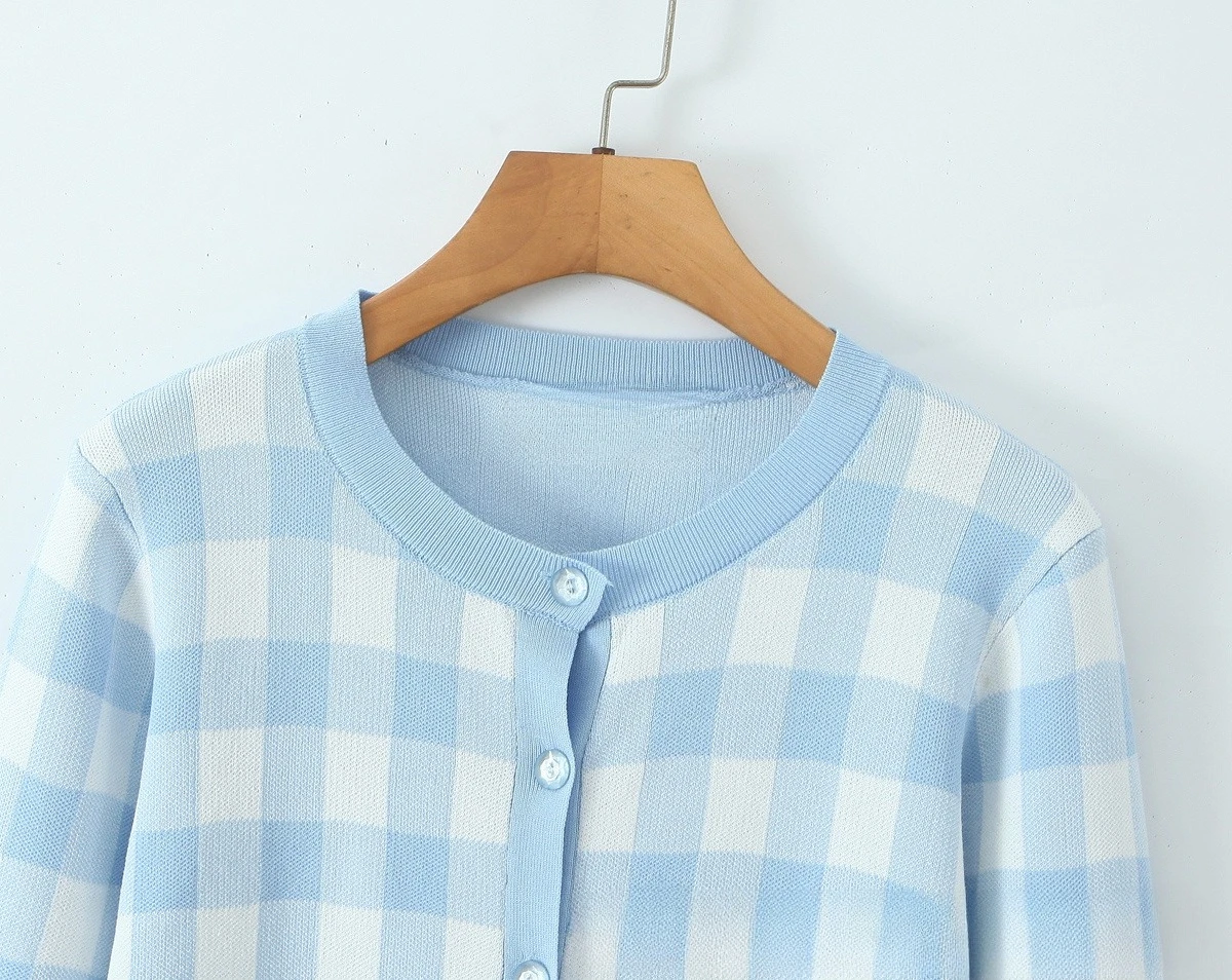 เสื้อคลุมคาร์ดิแกนลายสก็อตสีน้ำเงินขาวทันสมัย Mingmingxi สำหรับผู้หญิง เสื้อถักน้ำหนักเบา Y2k ชุดฤดูใบไม้ร่วง เสื้อผ้าแฟชั่น 2025