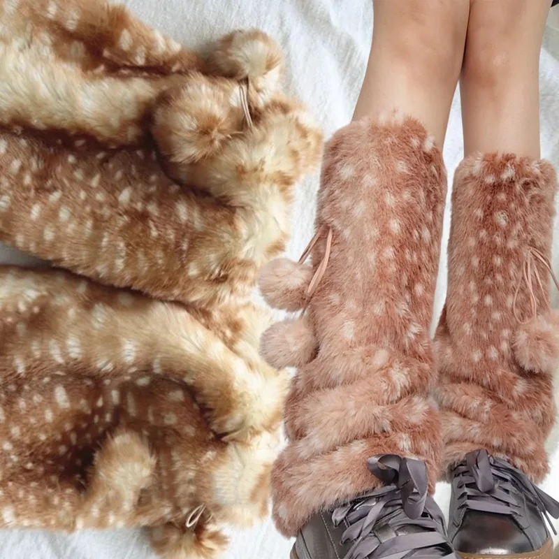 

Kawaii JK плюшевые гетры из искусственного меха с принтом оленя, зимние пушистые флисовые носки до середины икры, костюм, ботинки для косплея, носки, рождественские подарки