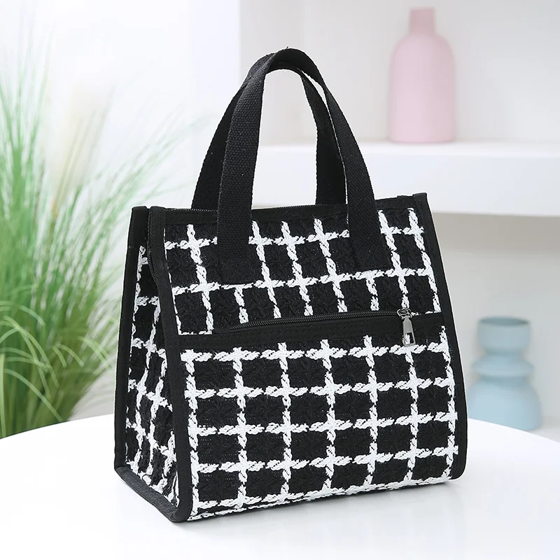 Large-Capacity Top-handle Bag with Grid Pattern, Suitable for Women to Carry Lunch Box, Fashionable and Versatile Canvas Bag