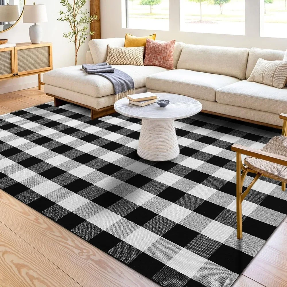 

KOZYFLY Buffalo Plaid Area Rug 5 x 8 Ft Black and White Checkered Rug Washable Outdoor Patio Rugs Cotton Rugs for Living Room Ca